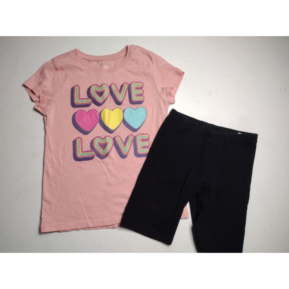 Childrens Place Girls Pink Love Heart Graphic Tee and Black Bike Shorts Set 5